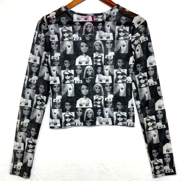Barbie x Forever 21 Small Long Sleeve Top Sheer Mesh Doll Print Black Festival - Picture 5 of 13